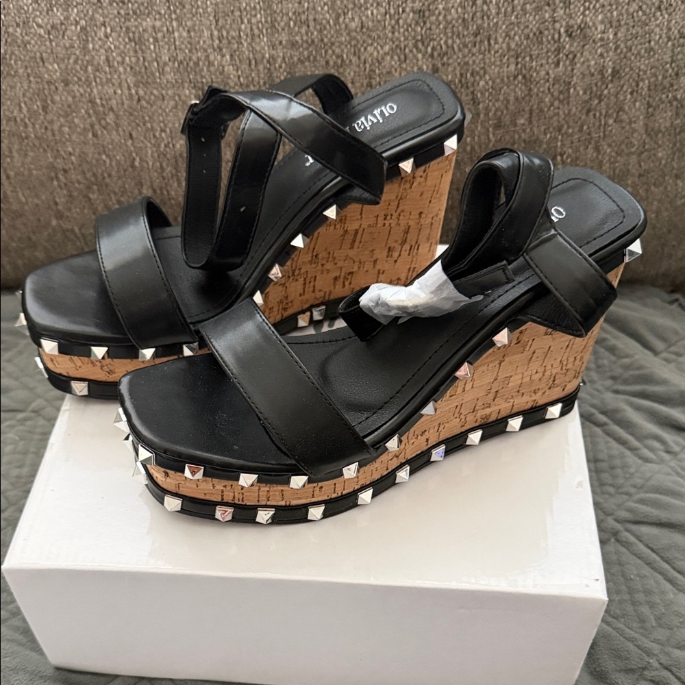 Olivia Miller NIB Black Cork Wedge Sandals with Stud Trim